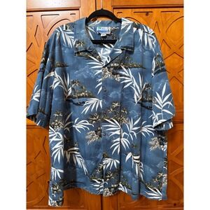 RJC Ltd Hawaiian Shirt Mens 4XL Blue Tropical Island Palm Tree Made in USA Aloha